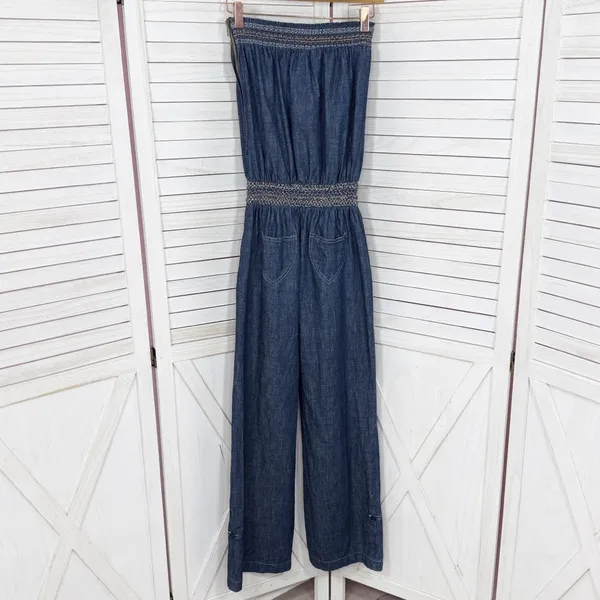 Poetry‎ Boho Smocked Strapless Wide Leg Chambray Jumpsuit Denim Blue Small - Image 9