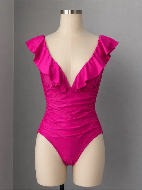 #S10 - J. Crew Ruffle Plunge One Piece Swimsuit Ruched Hot Pink Size 2/XS - Image 4