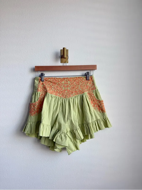Free People FP One Mexico City Embroidered Ruffle Shorts Green Orange Medium - Image 3