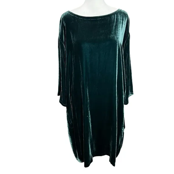 Eileen Fisher Emerald Green Silk Velvet Cocoon Dress L Oversized - Image 3