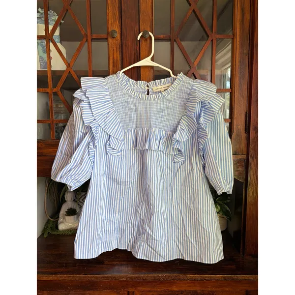 English Factory‎ Blue White Striped Smocked Ruffle Puff Sleeve Top - Image 2