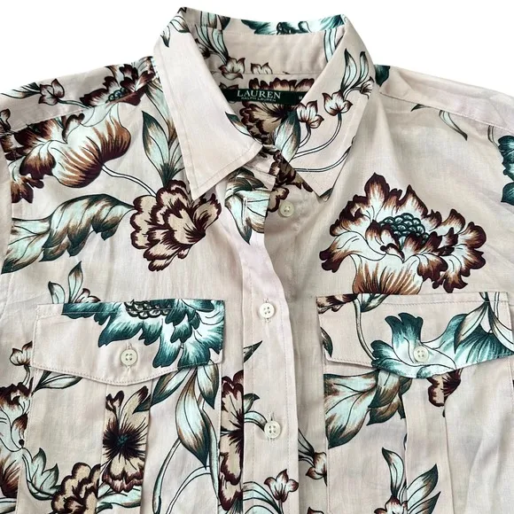 Lauren Ralph Lauren Pale‎ Pink Floral Cotton Button Down Shirt Delicate Feminine - Image 3
