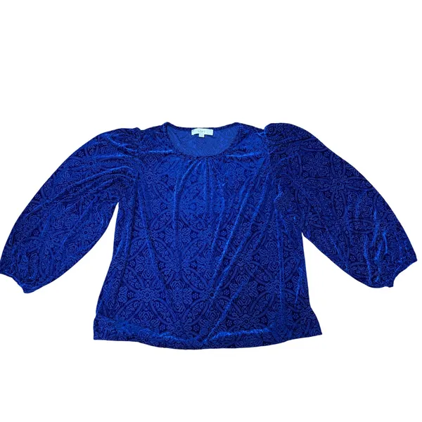 LOFT Blouse Blue Velvet Burnout Damask Puff Sleeve Holiday Party Romantic L - Image 2
