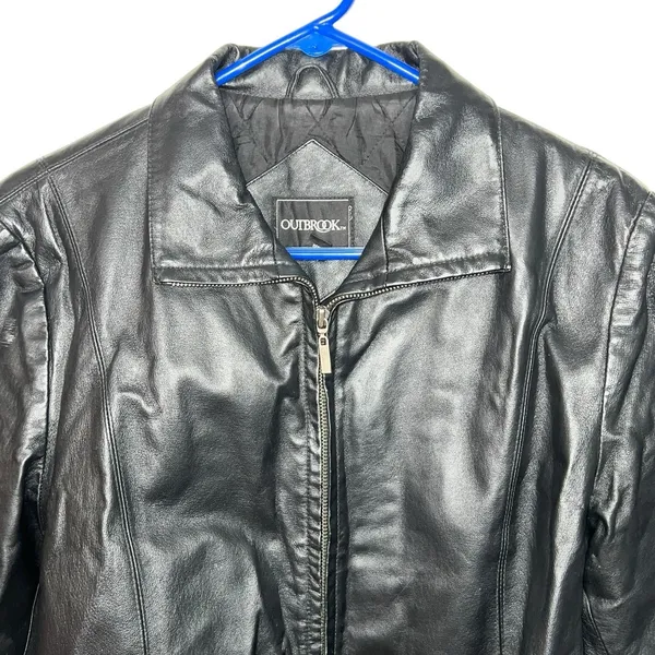 VTG Outbrook Womens Black Genuine Leather Zipper Lined‎ Belted Waist Jacket Sz L - Image 2