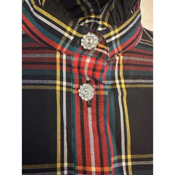J. CREW Red Tartan Plaid Ruffle Blouse SizeSmall Jeweled ButtonUp Shirt Holiday - Image 3