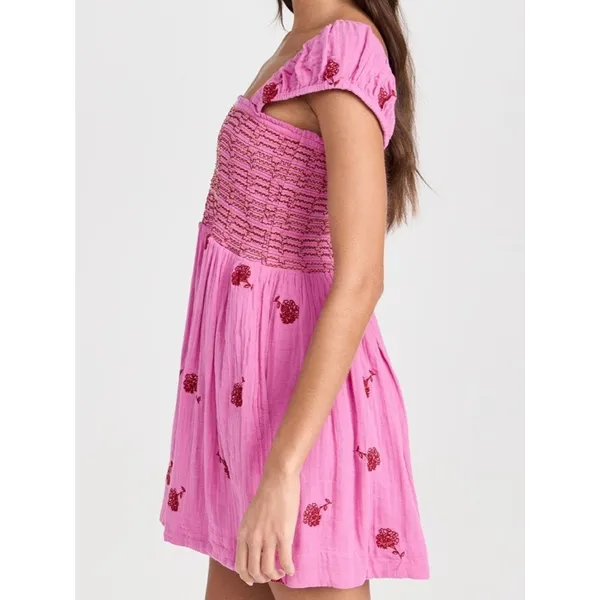 NWT Free People Tory Embroidered Mini Dress Pink Smocked Floral Boho Size Large - Image 9