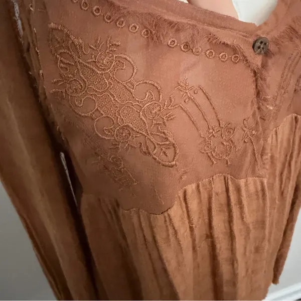 Free People Top Babydoll Embroidered Floral Braided Boho Festival Peasant Rust - Image 3
