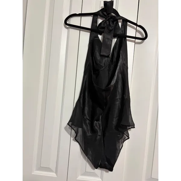 Moon Collection Sultry Satin Black Mesh Ruffle‎ Bow Halter Bodysuit Small - Image 7