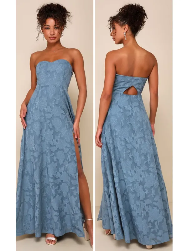 Lulus Garden of Romance Dusty Blue Floral Burnout Strapless Maxi Dress Medium - Image 2