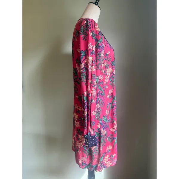 Maeve Anthropologie Pink Bird Floral Polka Dot Dress Long Sleeve 6 boho‎ preppy - Image 4