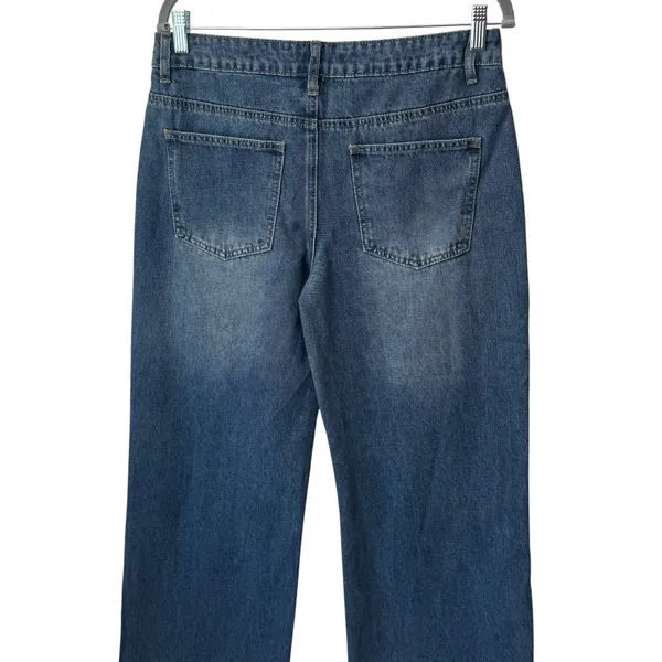 NEW Edikted Mid Rise Wide Leg Distressed Jeans‎ Color Indigo Blue Raw Washed M - Image 6