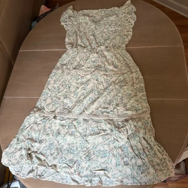 Lucky Brand Floral Maxi Dress M Blue Green Crochet Trim Boho Ruffle Sleeve - Image 2