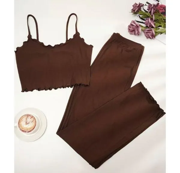 Solid Ribbed Pajama Set, Lettuce Trim Cami Top & Elastic Waistband Pants - Image 6