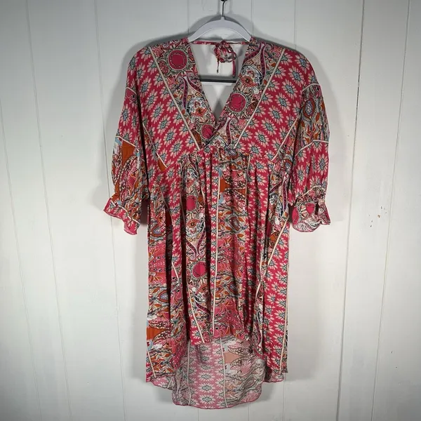 Elings Women’s XL Pink Boho Paisley Print V Neck Mini Dress - Image 8