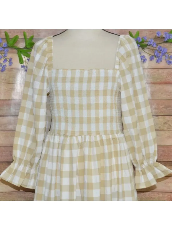 NWT Mud Pie Large Byerly Midi Dress Tan Gingham Plaid Smocked Cottagecore Ruffle - Image 2