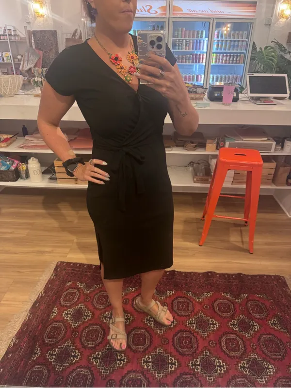 Ribbed Black Midi Wrap Dress with Waist Tie - Image 3