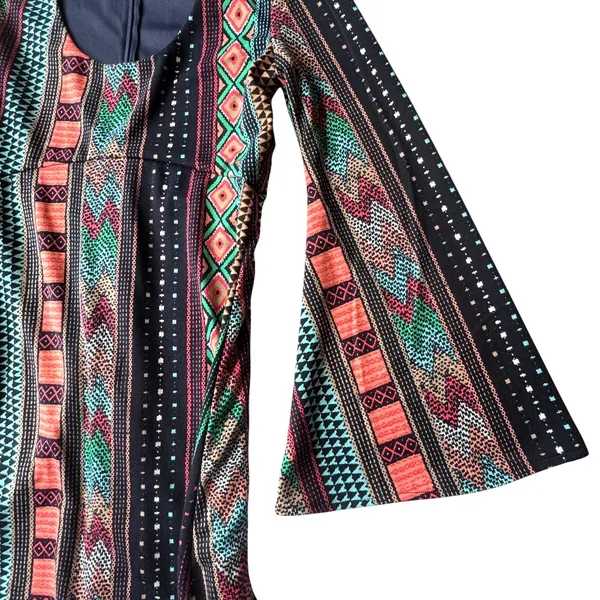 Judith March Bell Sleeve Mini Dress‎ Womens Medium Geometric Tribal Print Retro - Image 8