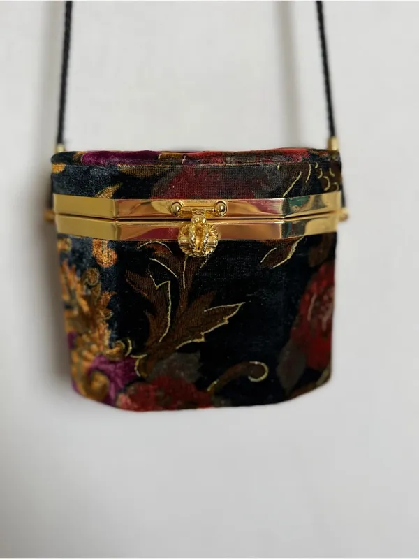 Floral Velvet Hard Case Box Purse Crossbody Evening Bag Gold Frame Mirror - Image 3
