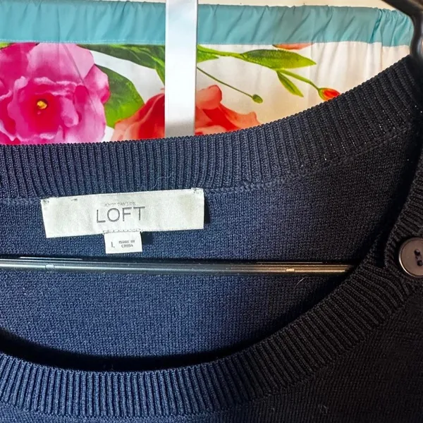 N35. LOFT navy and white striped sweater with button details. Size L - Image 2