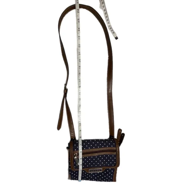 Chaps Navy Blue Polka Dot Crossbody Bag Brown Trim Canvas Small Messenger Purse - Image 4