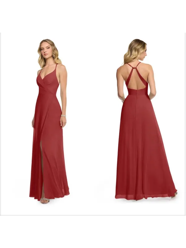 Women's Azazie Davis Rust A-Line V-Neck Chiffon Maxi Dress Size A6 - Image 2