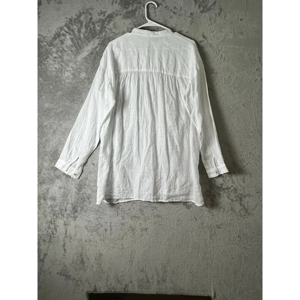Eileen Fisher Linen Organic Cotton Sheer Check Mandarin Collar Shirt Medium - Image 3