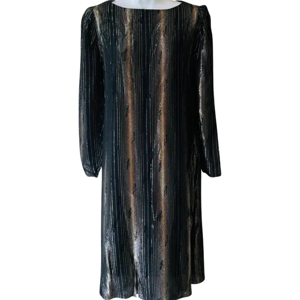 Vintage 80s Black Gold Silver Shimmer Long Sleeve Dress size 7 / 8 Shangri La - Image 2