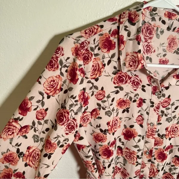 Women's‎ Button Down Shirt Dress Light Pink Rose Floral Belted Long Sleeve Roll - Image 6