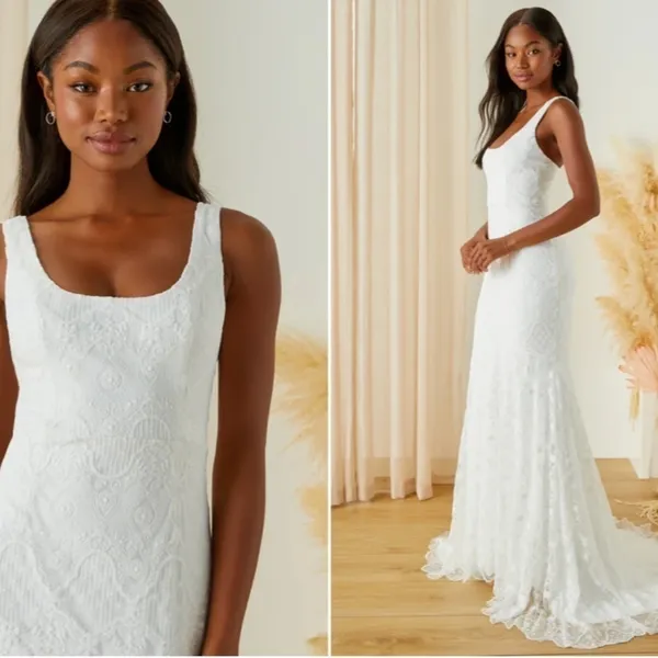 LULU's Romantic Elegant Bridal Wedding Embroidere Lace Sophisticated Gown - Image 3
