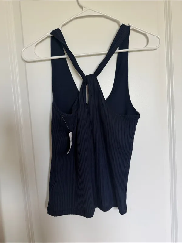 Ribbed V-Neck Loop Back Tank Top - Navy - Image 2