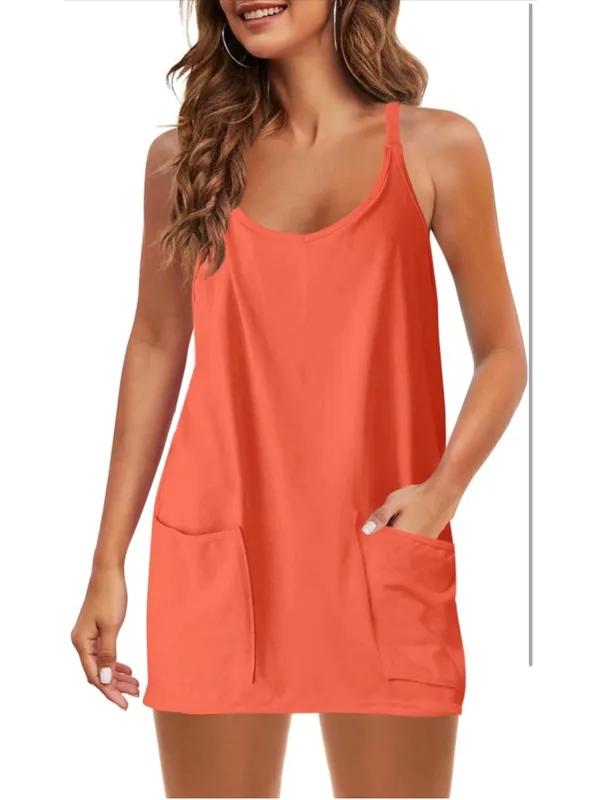NEW Tennis Dress Workout Mini Dress w/ Built in Shorts Spaghetti Straps M - Image 9