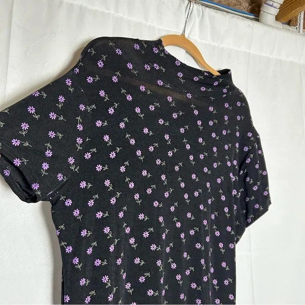 Vintage‎ Tall Girl Semi Sheer Black w/ Purple Daisy Flowers High Neck Midi Dress - Image 6