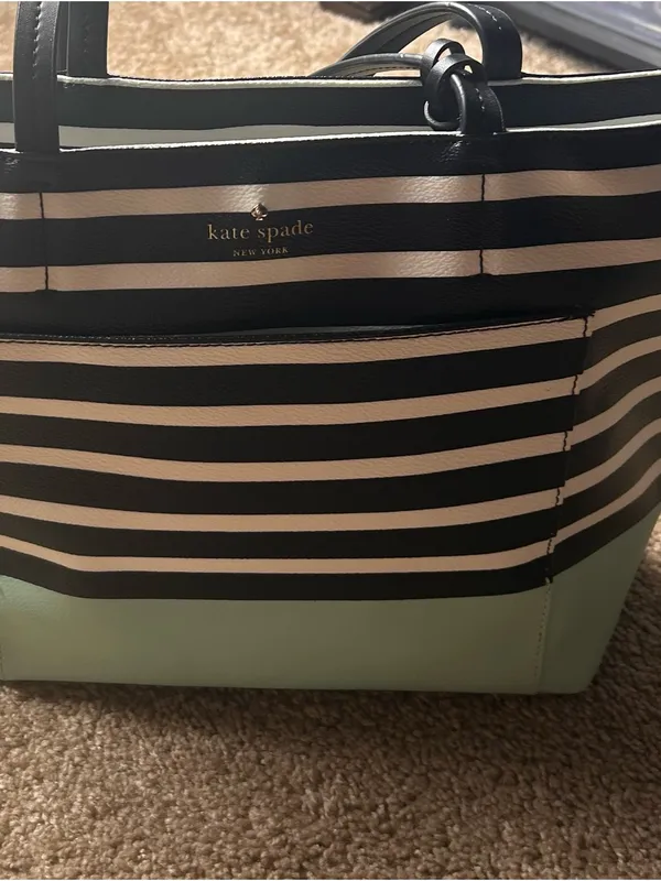 kate spade New York Black & Cream Striped Tote with Mint Base - Image 2