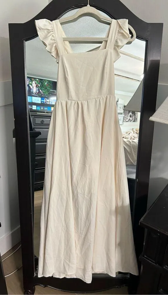 NEW Flutter Sleeve Square Neck Tie Back A-Line Maxi Dress Pocket L - Image 5