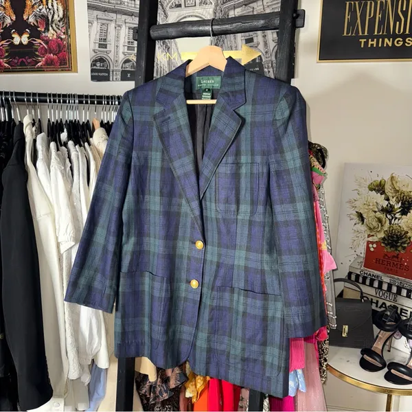 Lauren Ralph Lauren 10 Blue Green Tartan Plaid Linen Blazer Gold Crest Buttons - Image 4