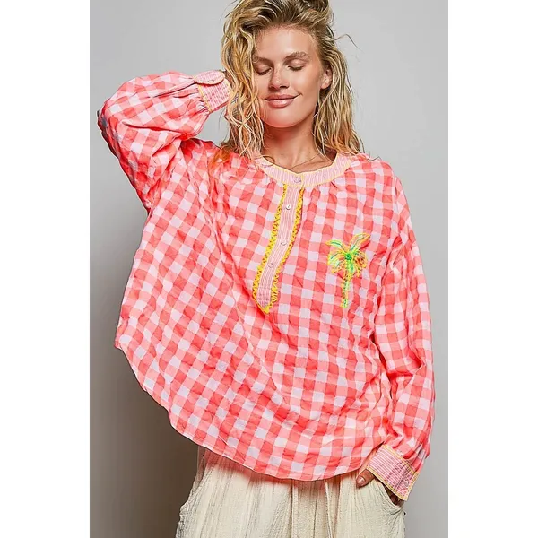 POL Gingham Embroidered Palm Tree Blouse - Pink - Medium - Image 4
