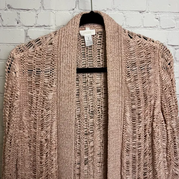 Chico's open knit petal pink feminine open front cardigan size 1 or US size Med - Image 3