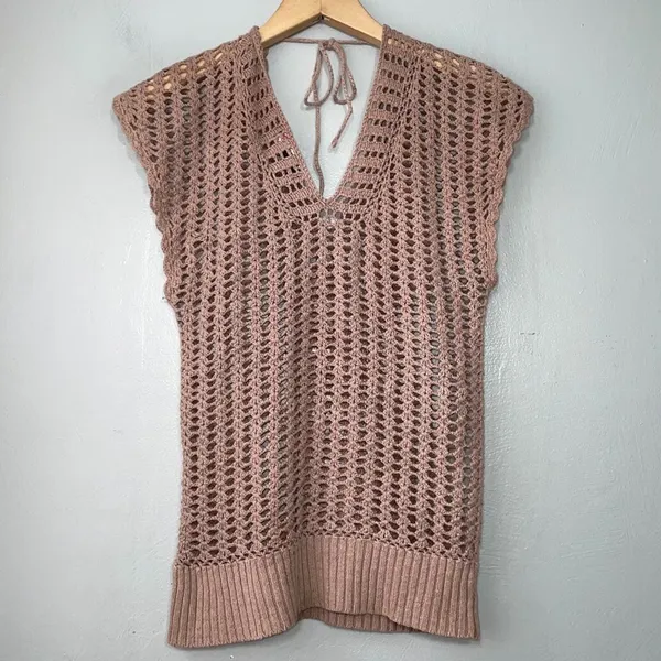 Say What Size Small Taupe Tan Boho Open Knit Crochet Sweater Top Y2K Hippie - Image 3