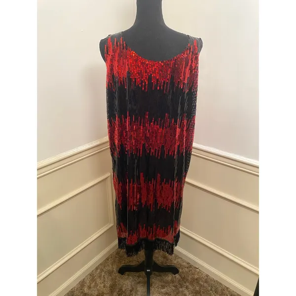 Jerry Beck Red & Black Sequin Flapper Dress Fringe Roaring 1920s Gatsby Costume - Image 5