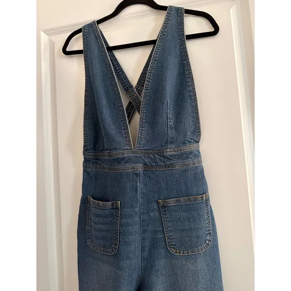 Dollhouse Blue Denim Jumpsuit Wide Leg V-Neck Crisscross Back 9/10 - Image 5