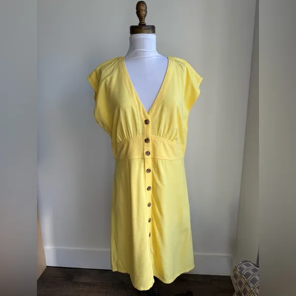 LOFT BUTTER YELLOW BUTTON FLARE MINI DRESS V NECK BUTTON DOWN SIZE 8 - Image 3