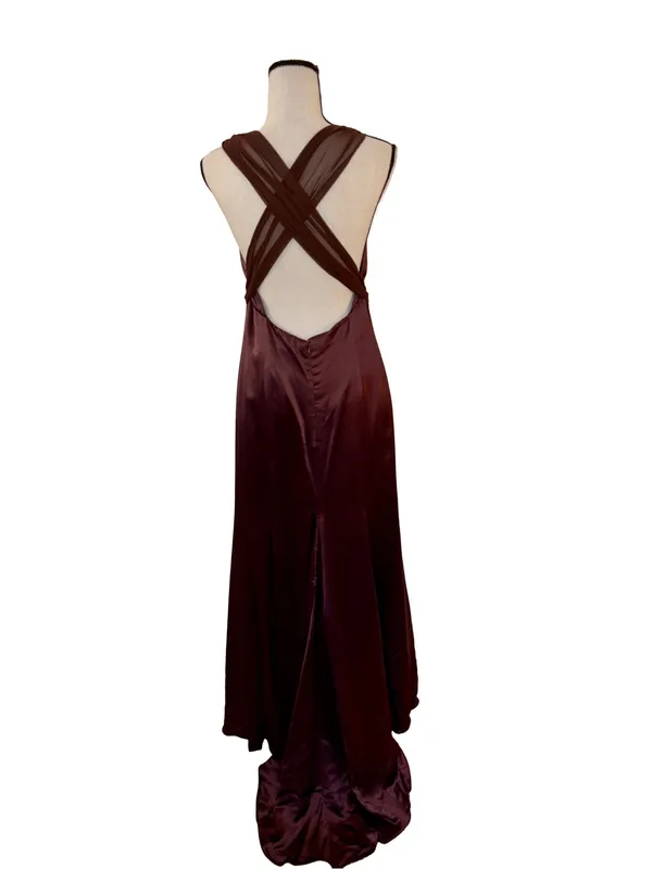 Vera Wang Vintage Brown Satin Plunge Open Back Evening Gown Dress 12 - Image 3