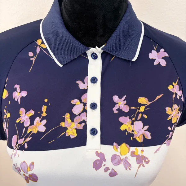 PGA Tour Womens M Golf Polo Shirt Navy White Floral Classic Preppy Tennis Sporty - Image 2