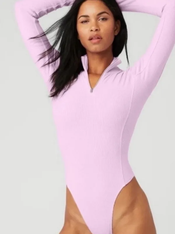 All yoga rise up long sleeve bodysuit sugarplum pink ribbed size medium - Image 2