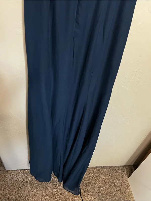 NWT JJs House Navy Blue Chiffon Off Shoulder Ruffle Front Slit Formal Maxi Dress - Image 9