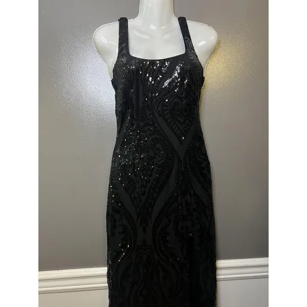 Lulus Dress Womens XS Black Sequin Square Neck Maxi Side Slit Evening Gown - Image 2