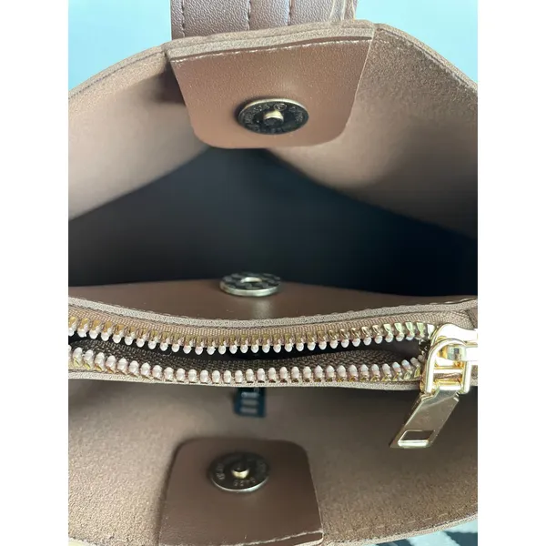 Brown Faux Leather Bag Black Cream Chevron Strap - Image 9