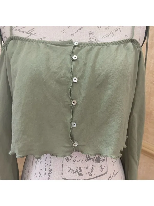 Zara Flowy Tank Top Tie Shoulders Spaghetti Straps Long Sleeve Green Sz M - Image 7