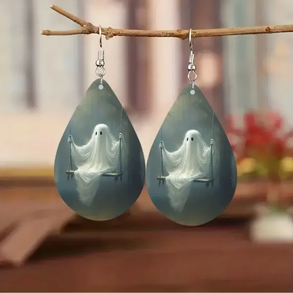 Cute Ghosts On Swing Teardrop Shape Earrings, Gothic Style‎ Dangle Earrings White - Image 2