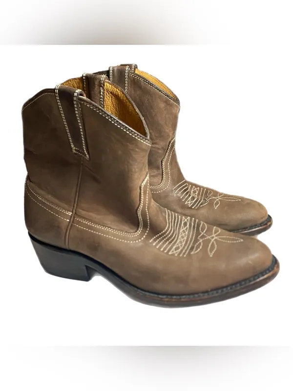 miz mooz carlitos Brown Leather Western Ankle Boots Embroidered Toe worn look 6 - Image 13
